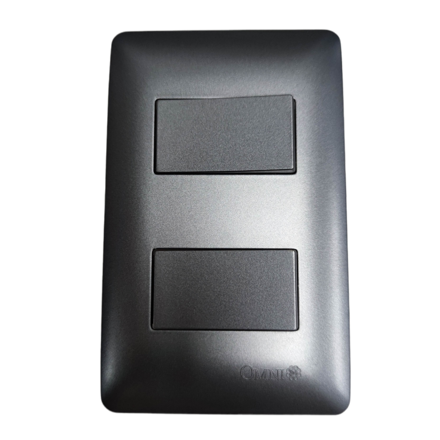 Omni 2 gang 3 way switch in black matte finish with two rectangular rocker switches