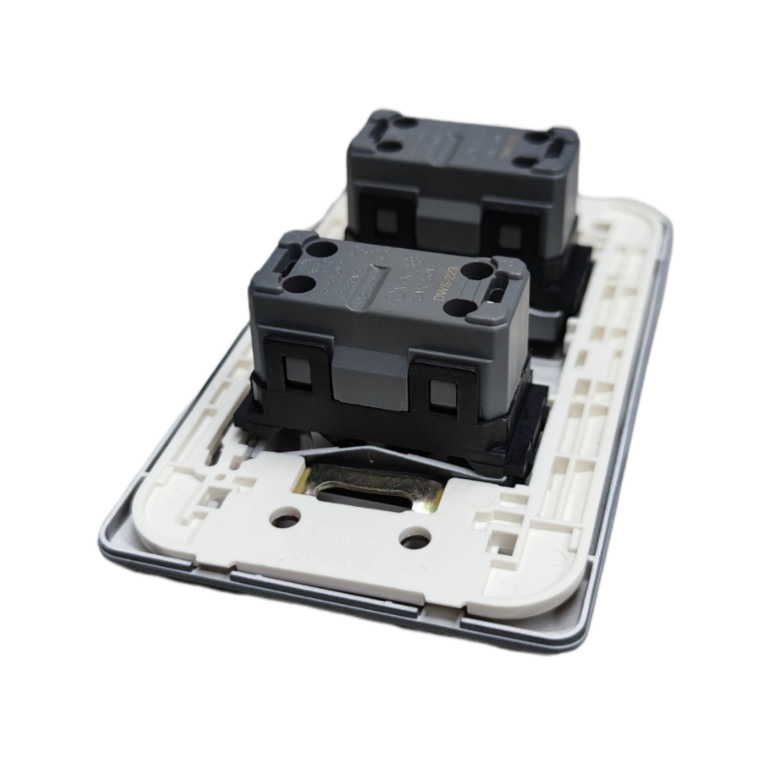 Omni 2 gang 3 way switch showing back side with wiring and mounting components