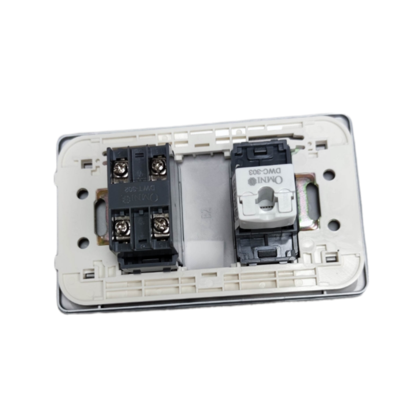 Omni white dual module back view with screw terminals for 2 gang Ethernet and phone wall plate installation