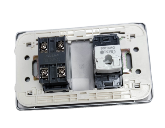 Omni white dual module back view with screw terminals for 2 gang Ethernet and phone wall plate installation