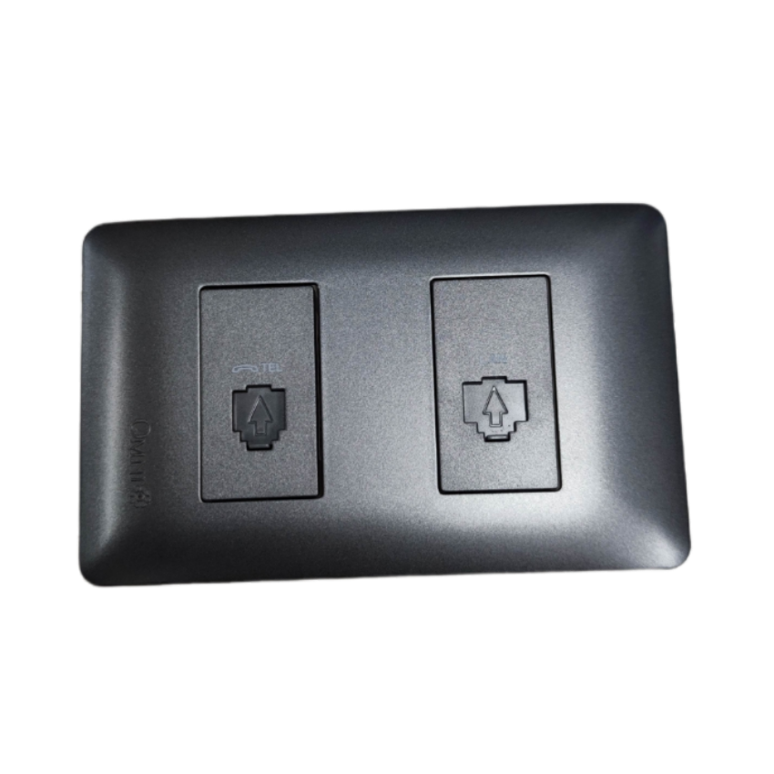 Omni black 2 gang Ethernet and phone wall plate with two shuttered keystone jacks for network and phone