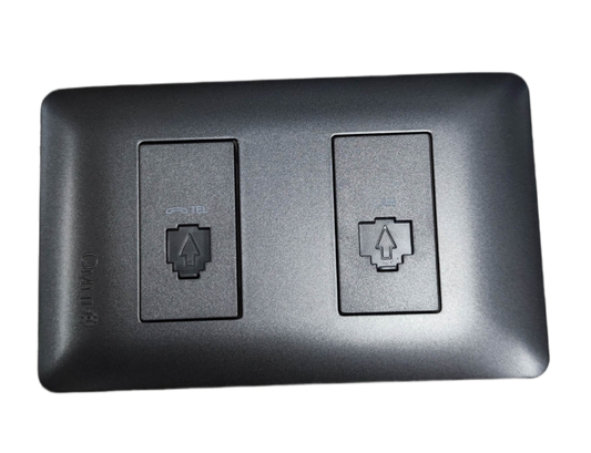 Omni black 2 gang Ethernet and phone wall plate with two shuttered keystone jacks for network and phone