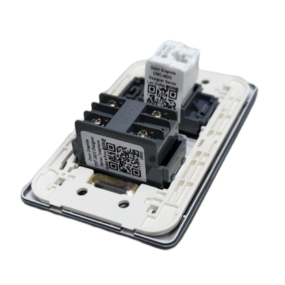 Omni 2 gang Ethernet and phone wall plate showing white mounting frame with two RJ45 and RJ11 modules