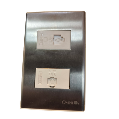 Omni 2 gang LAN and telephone outlet with metallic faceplate for wall mounting