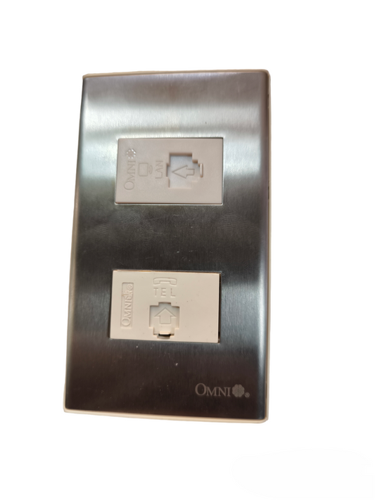 Omni 2 gang LAN and telephone outlet with metallic faceplate for wall mounting