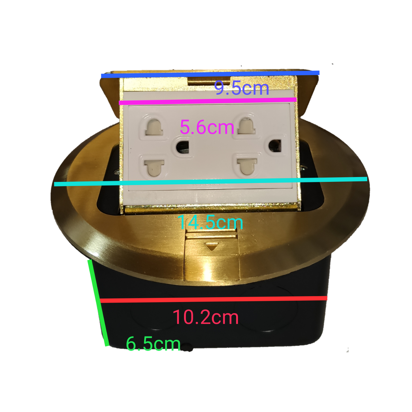Omni 2 gang universal ground floor outlet with a sleek design and gold finish for modern interiors