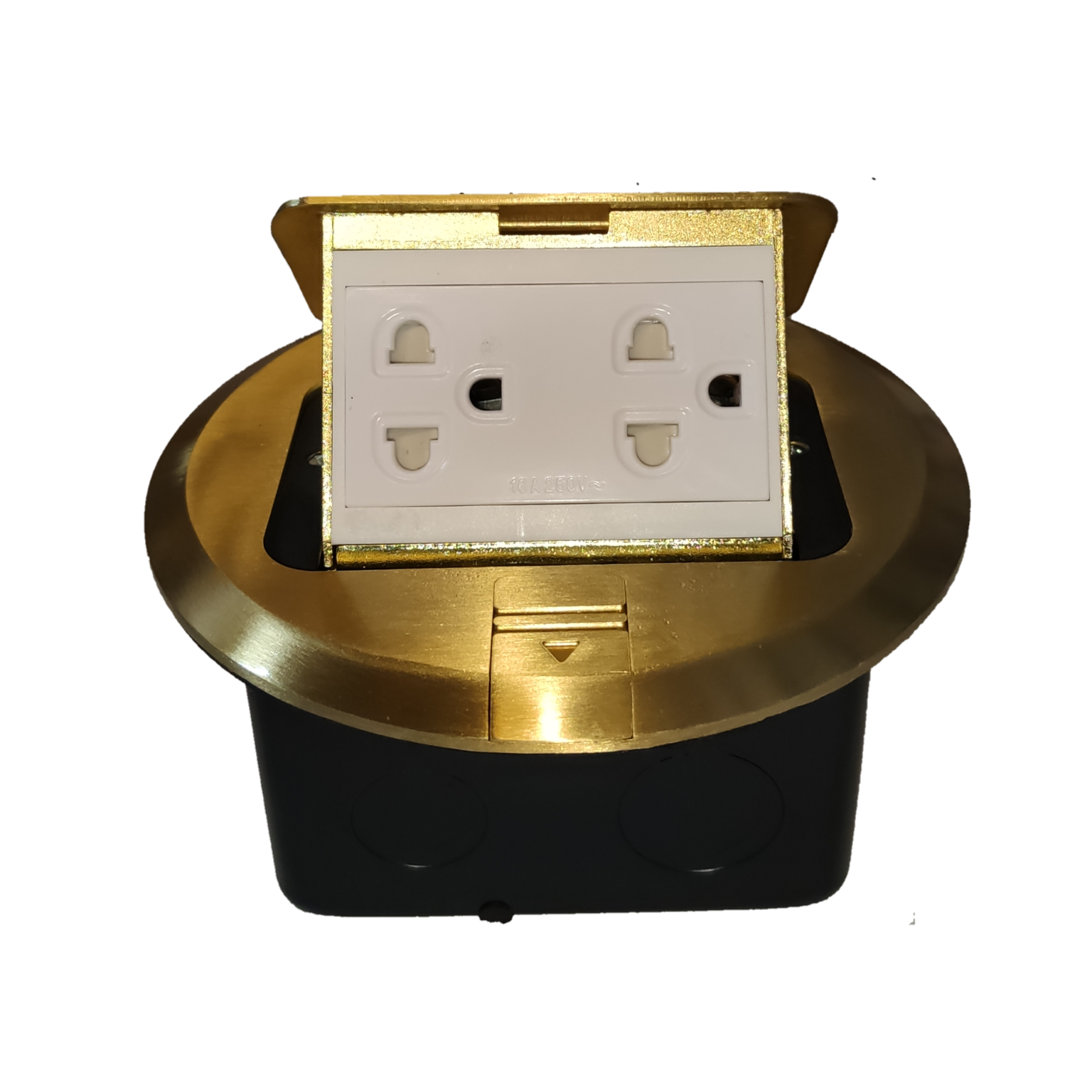 Omni 2 gang universal ground floor outlet in a sleek gold finish for modern electrical setups