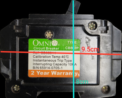 2 pole bolt-on circuit breaker 15A Omni with warranty label and calibration details