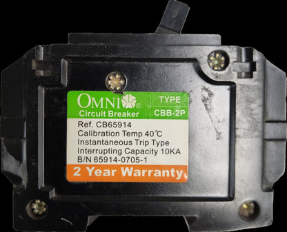 Omni 2 pole bolt-on circuit breaker 15A with 10KA interrupting capacity and a 2-year warranty