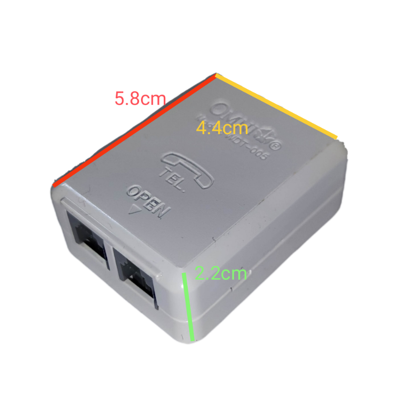 Omni 2 telephone outlet modular box in white with labeled dimensions for easy installation