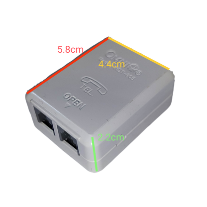 Omni 2 telephone outlet modular box in white with labeled dimensions for easy installation
