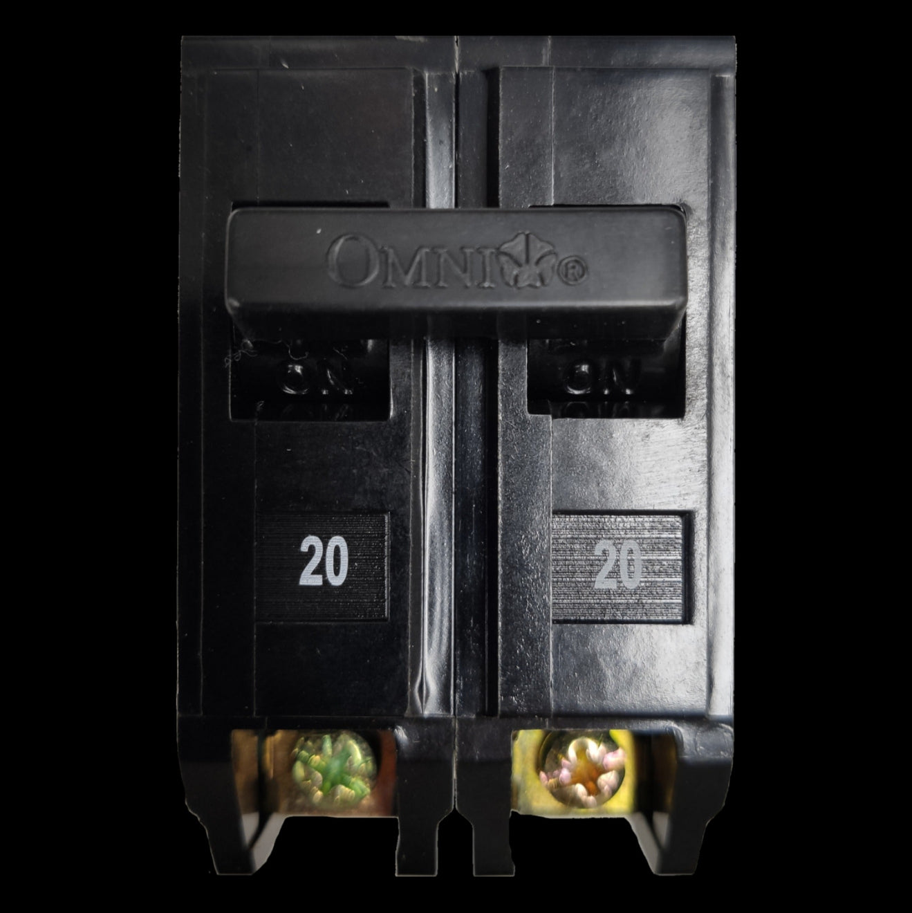 Close-up of Omni 20A circuit breaker 2 pole Plug in with clear labeling and connector terminals