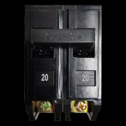 Close-up of Omni 20A circuit breaker 2 pole Plug in with clear labeling and connector terminals