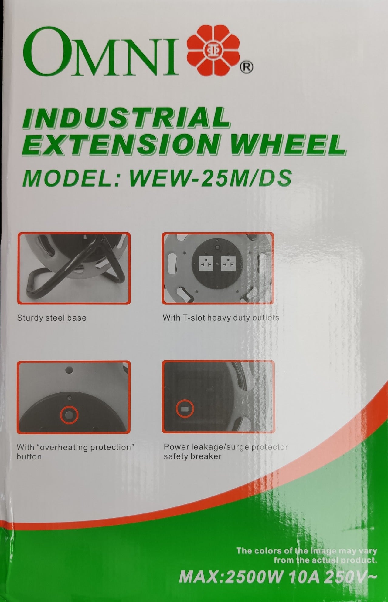 Omni industrial 25 meter extension cord wheel with sturdy steel base and heavy duty outlets