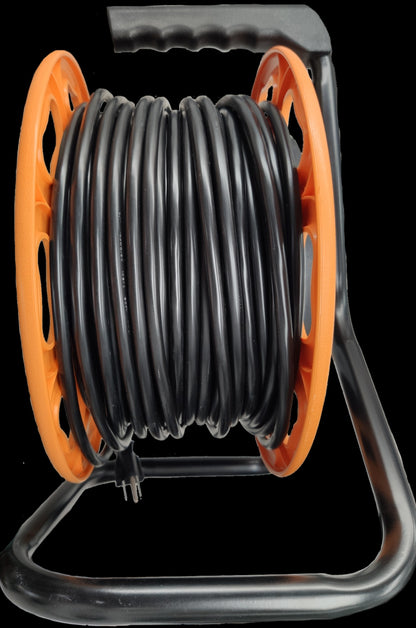 Omni 25 meter extension cord wheel with black cable and orange reel stand for easy storage