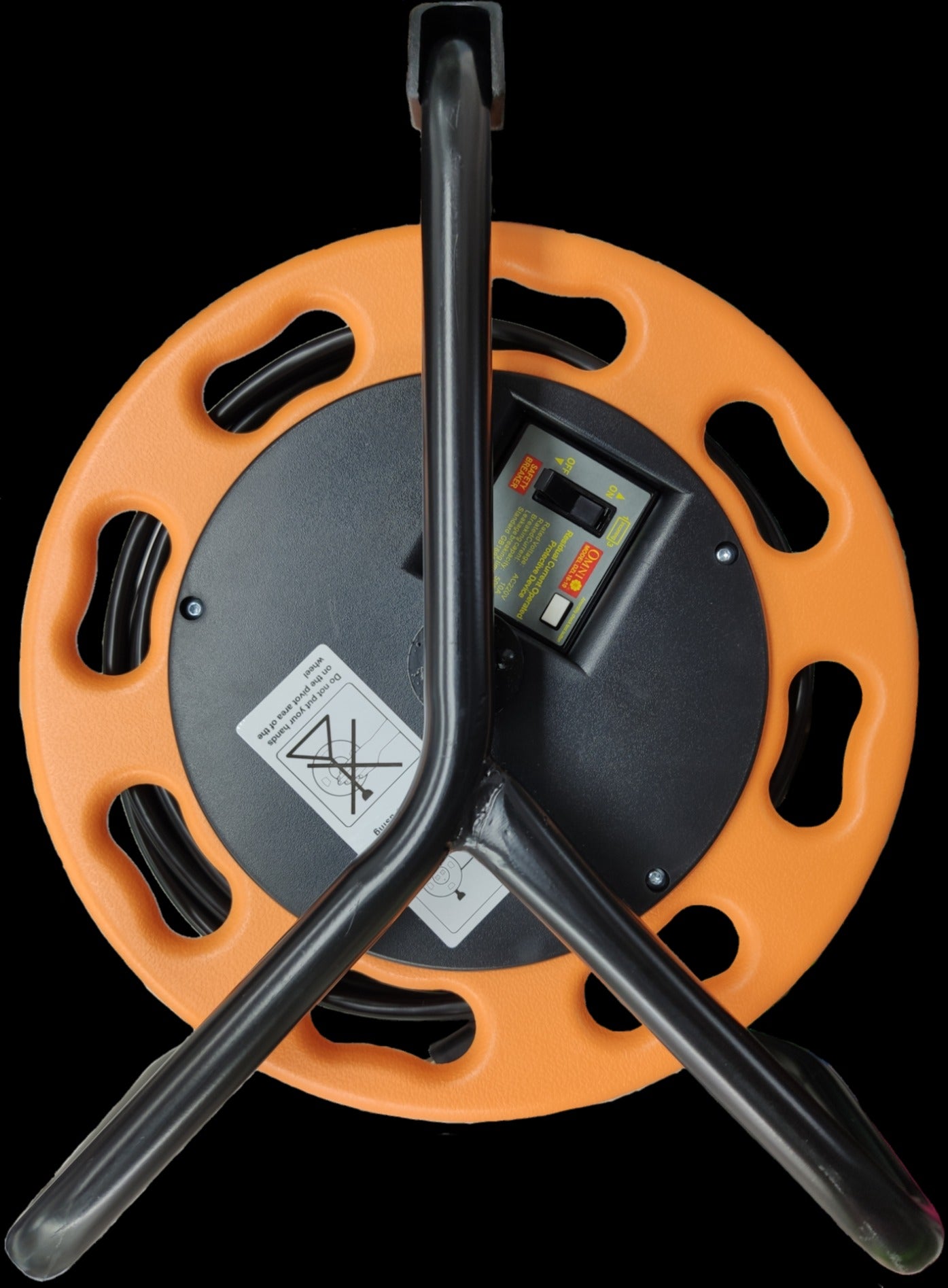 Omni 25 meter extension cord wheel with sturdy orange reel and black metal stand for easy cable management