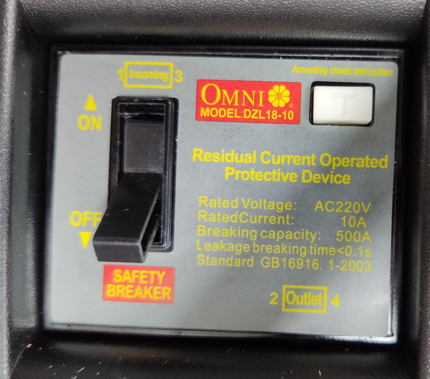 Omni power strip safety breaker panel with residual current protective device and 10A rating