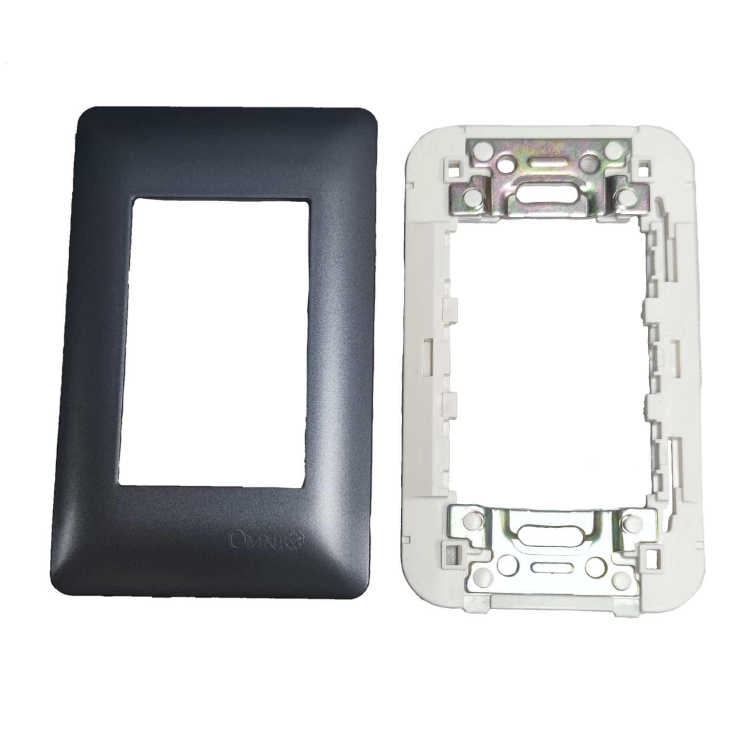 Omni 3 gang device plate cover with black front and white mounting frame for power points and switches