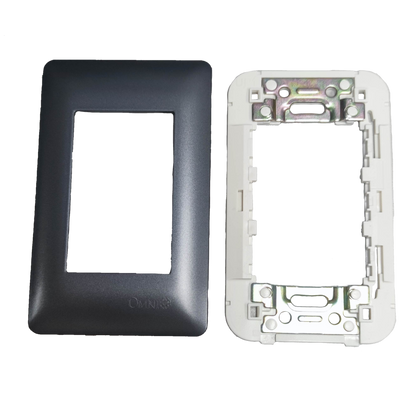 Omni 3 gang device plate cover with black front and white mounting frame for power points and switches