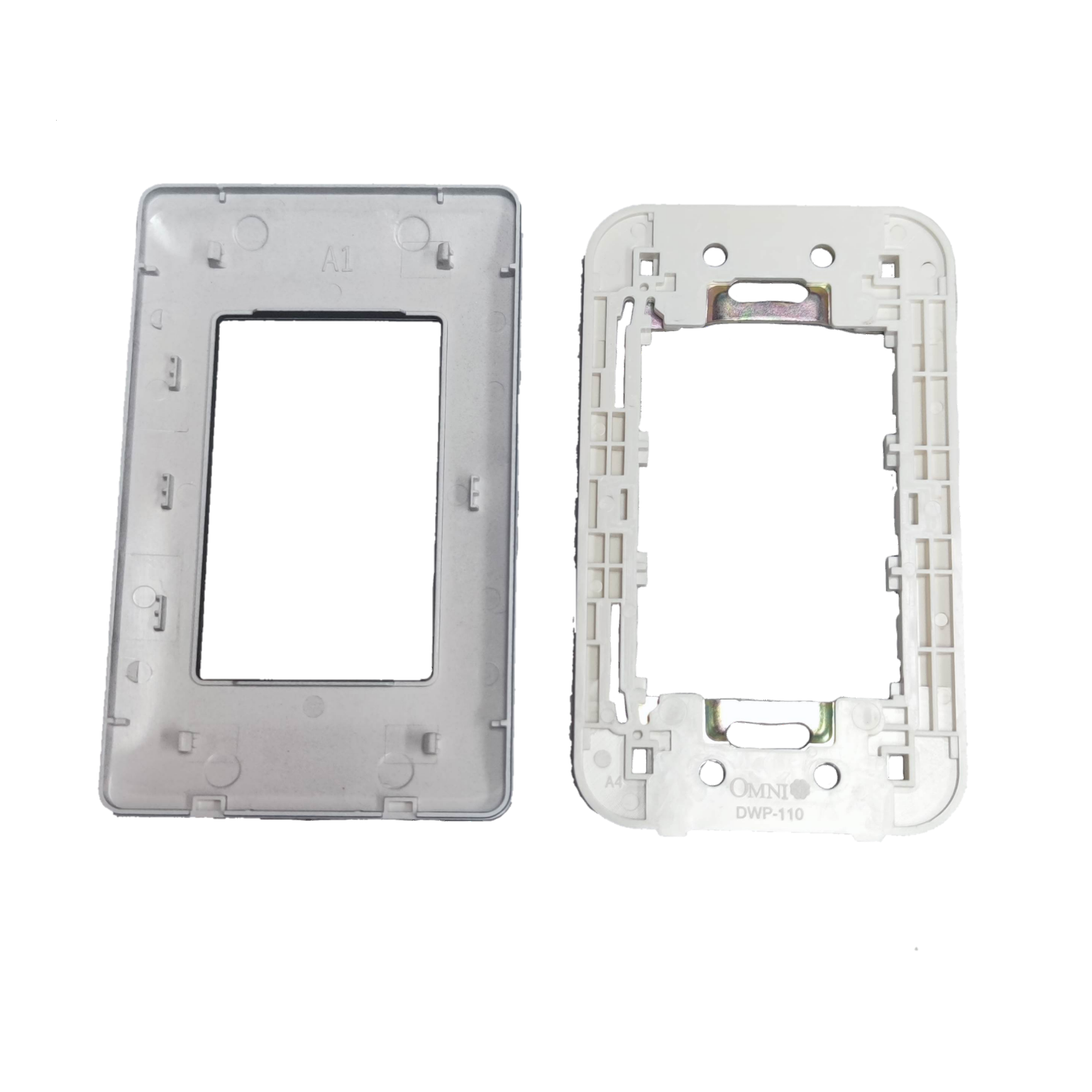 Omni 3 gang device plate cover in white plastic showing front and back views for power points switches and plugs