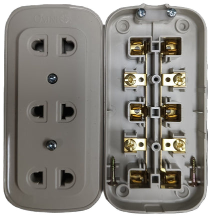 Omni 3 gang extension outlet showing front power points and internal wiring with screws and brass connectors