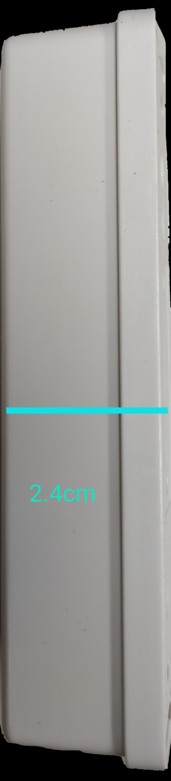 Side view of white Omni 3 gang extension outlet showing slim profile and slim depth