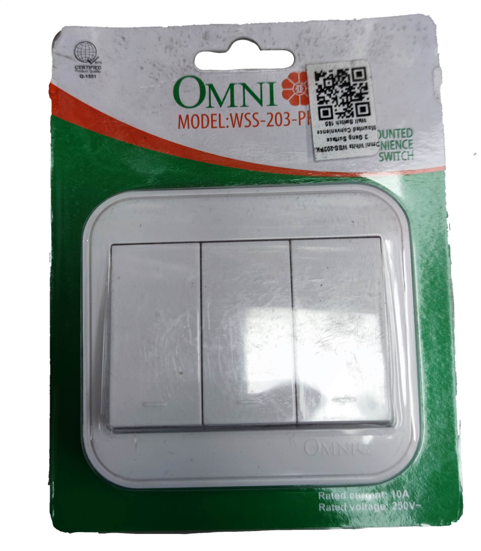 Omni 3 gang surface 1 Way Switch in white, ideal for home lighting applications