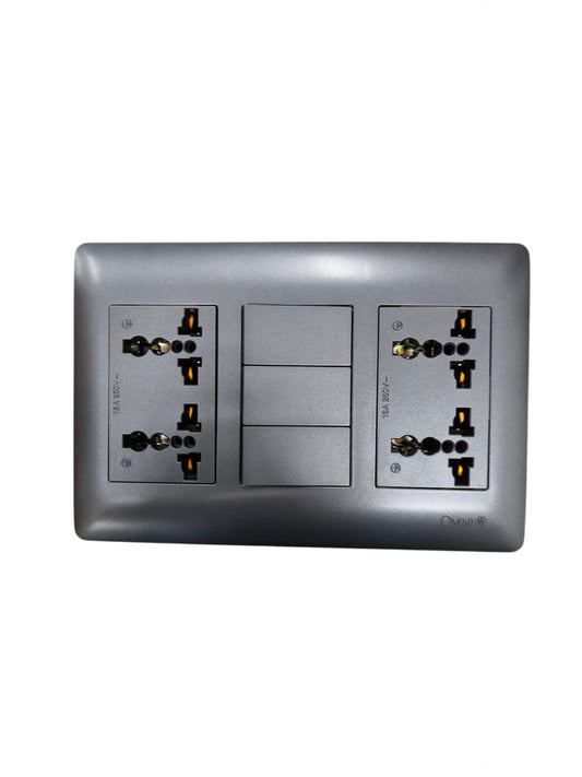 Omni 3 gang switch with 4 gang universal outlet for convenient power access and control.