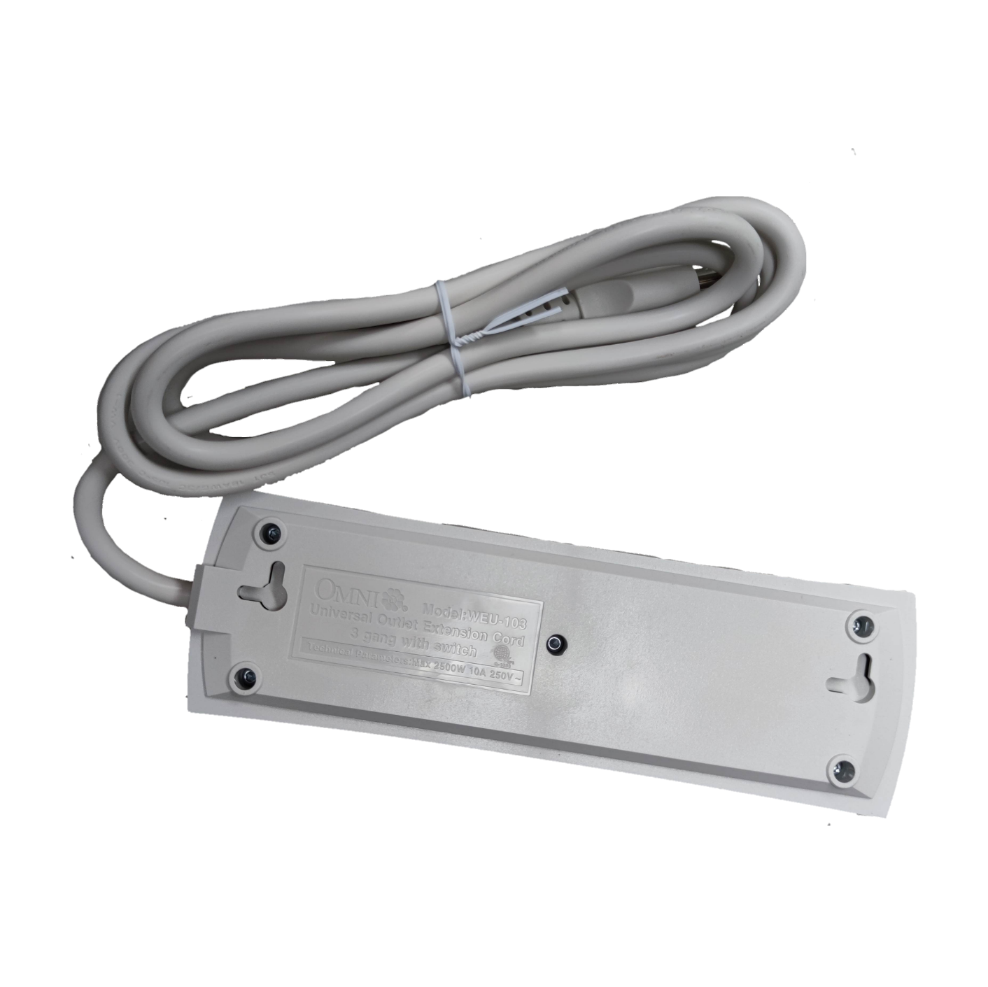 Omni 3 gang universal power strip 6 feet with white cord and mounting holes on black background