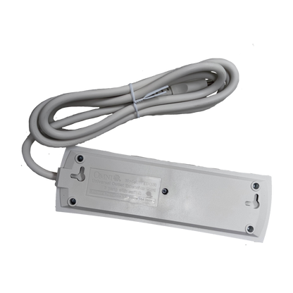 Omni 3 gang universal power strip 6 feet with white cord and mounting holes on black background