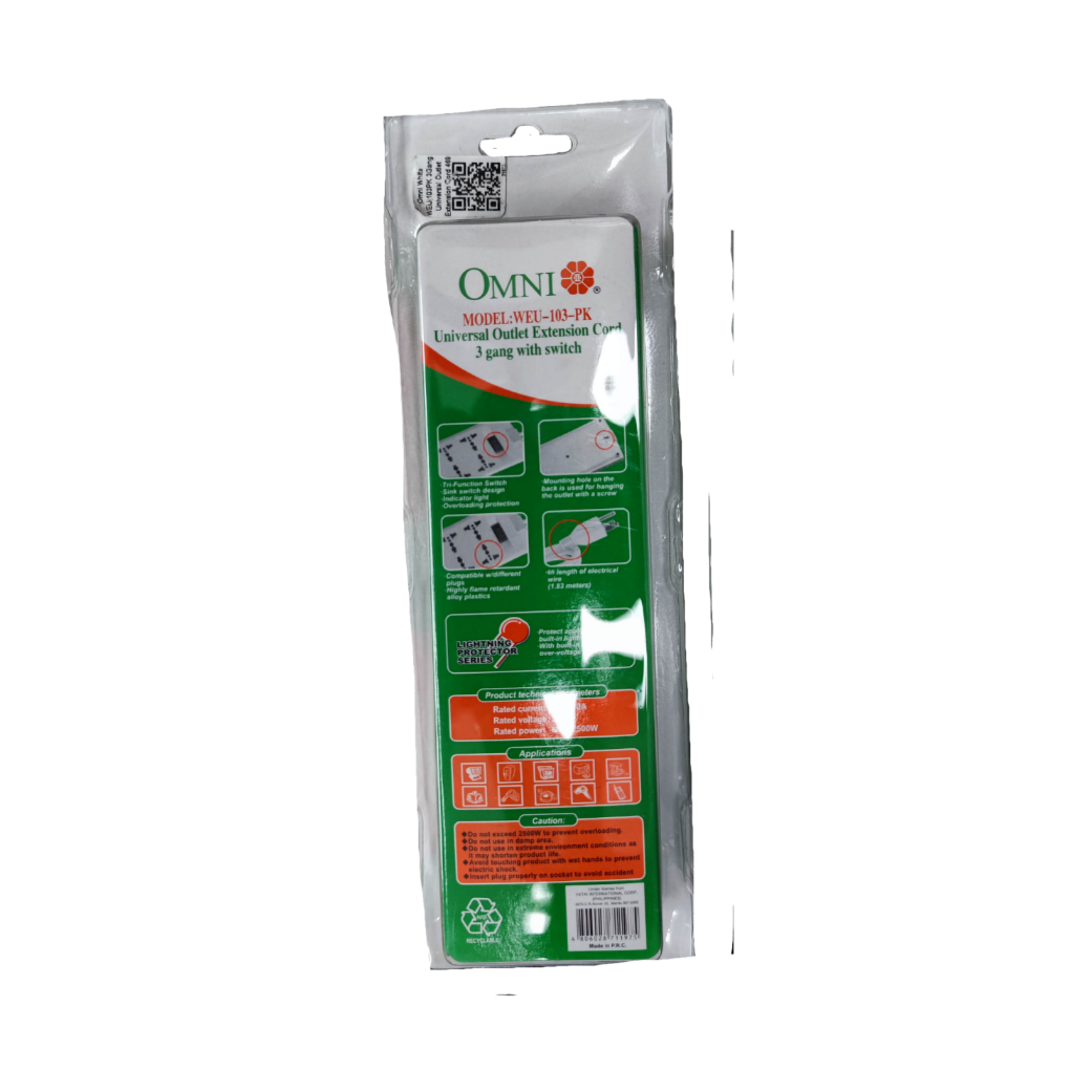 Omni 3 gang universal power strip 6 feet with switch and universal outlet extension cord in packaging
