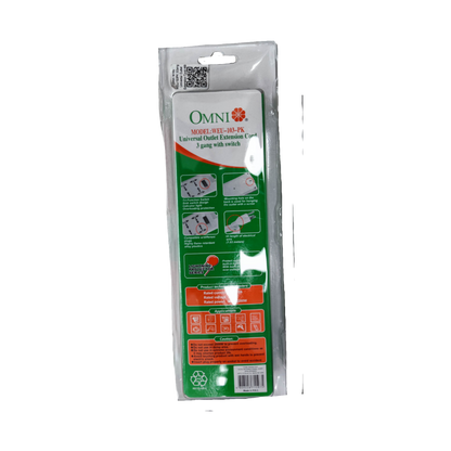 Omni 3 gang universal power strip 6 feet with switch and universal outlet extension cord in packaging