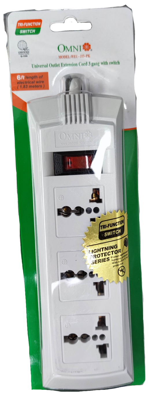 Omni 3 gang universal power strip 6 feet with surge protection and individual switches