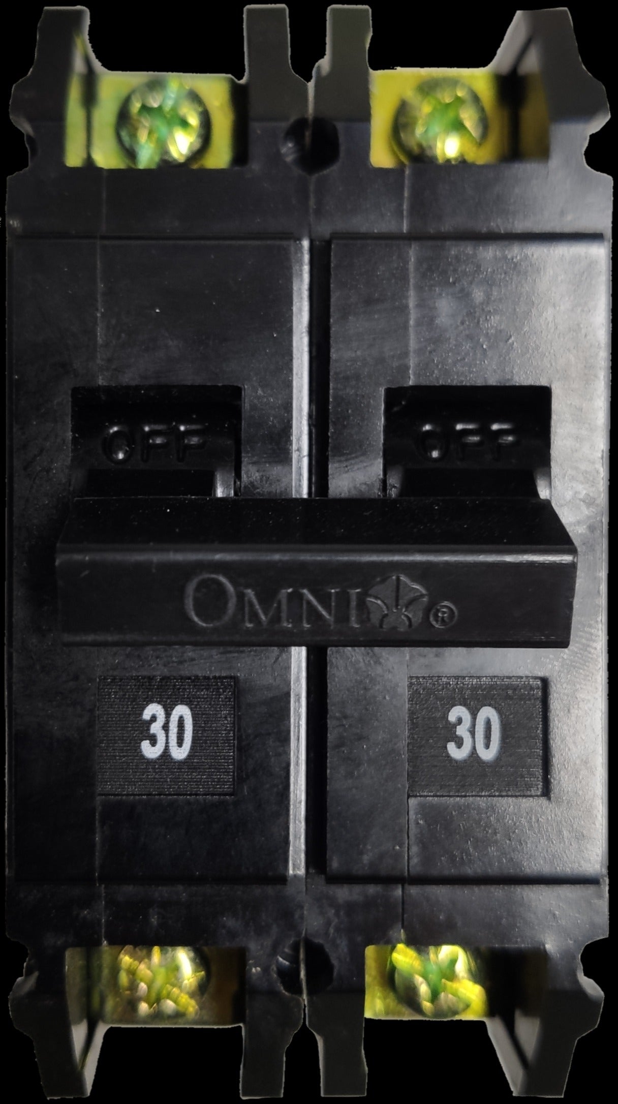 Omni 30A Circuit Breaker Bolt-on Type with dual black switches and visible screw terminals