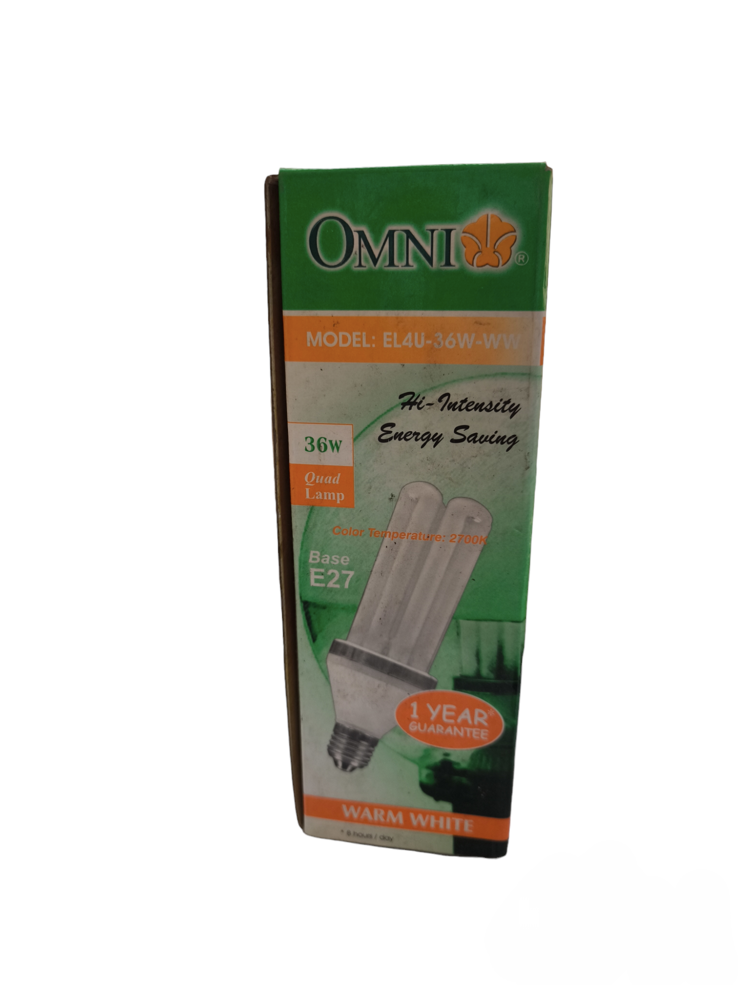 Omni 36W CFL lamp warm white in packaging with energy-saving and 1 year guarantee labels