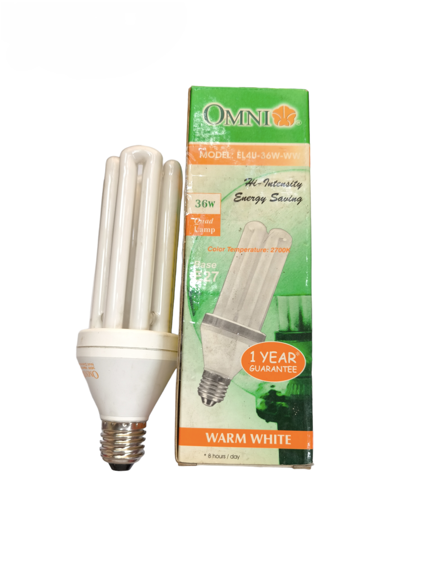 Omni 36W CFL lamp warm white energy-saving bulb with E27 base and one-year guarantee