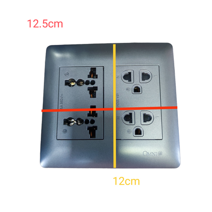 Omni 4 Gang Duplex Universal Outlet with multiple socket types in a grey wall plate