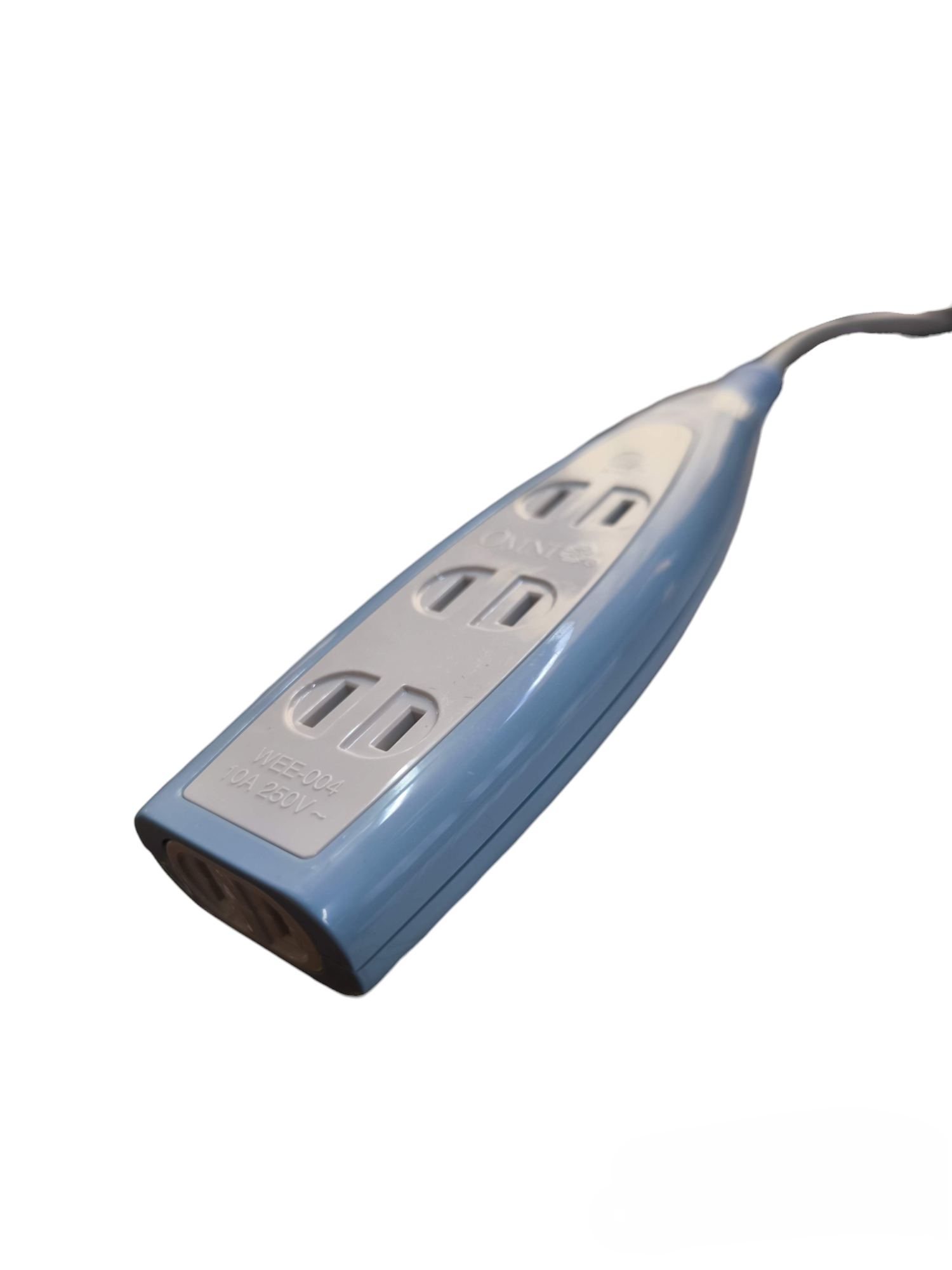 Omni 4 gang extension outlet power strip with blue and white casing and attached cord