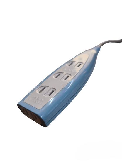 Omni 4 gang extension outlet power strip with blue and white casing and attached cord