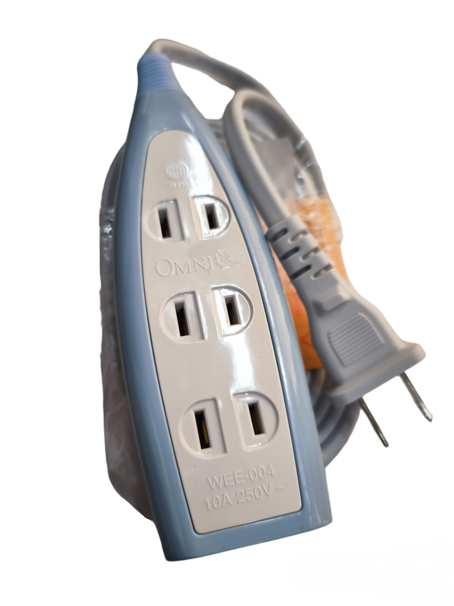 Omni 4 gang extension outlet power strip with three-prong plug and blue casing