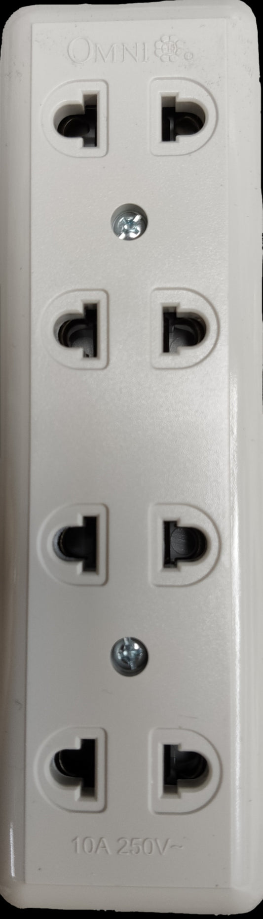 Omni 4 gang extension outlet with six power sockets in white for electrical circuitry and parts