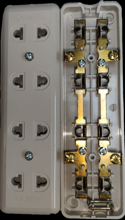 Omni 4 gang extension outlet showing front sockets and internal electrical circuitry parts