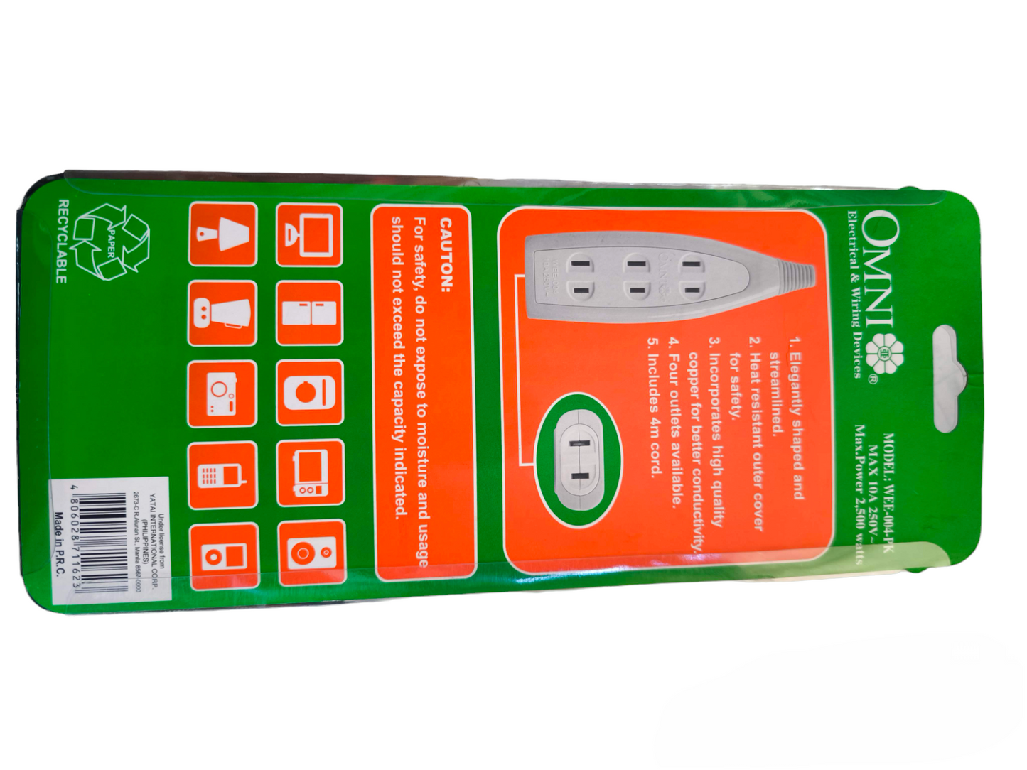 Omni 4 gang extension outlet power strip with multiple sockets and safety features in green and orange packaging