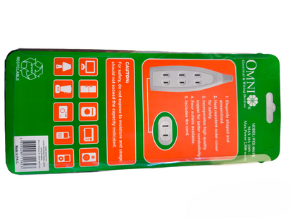 Omni 4 gang extension outlet power strip with multiple sockets and safety features in green and orange packaging