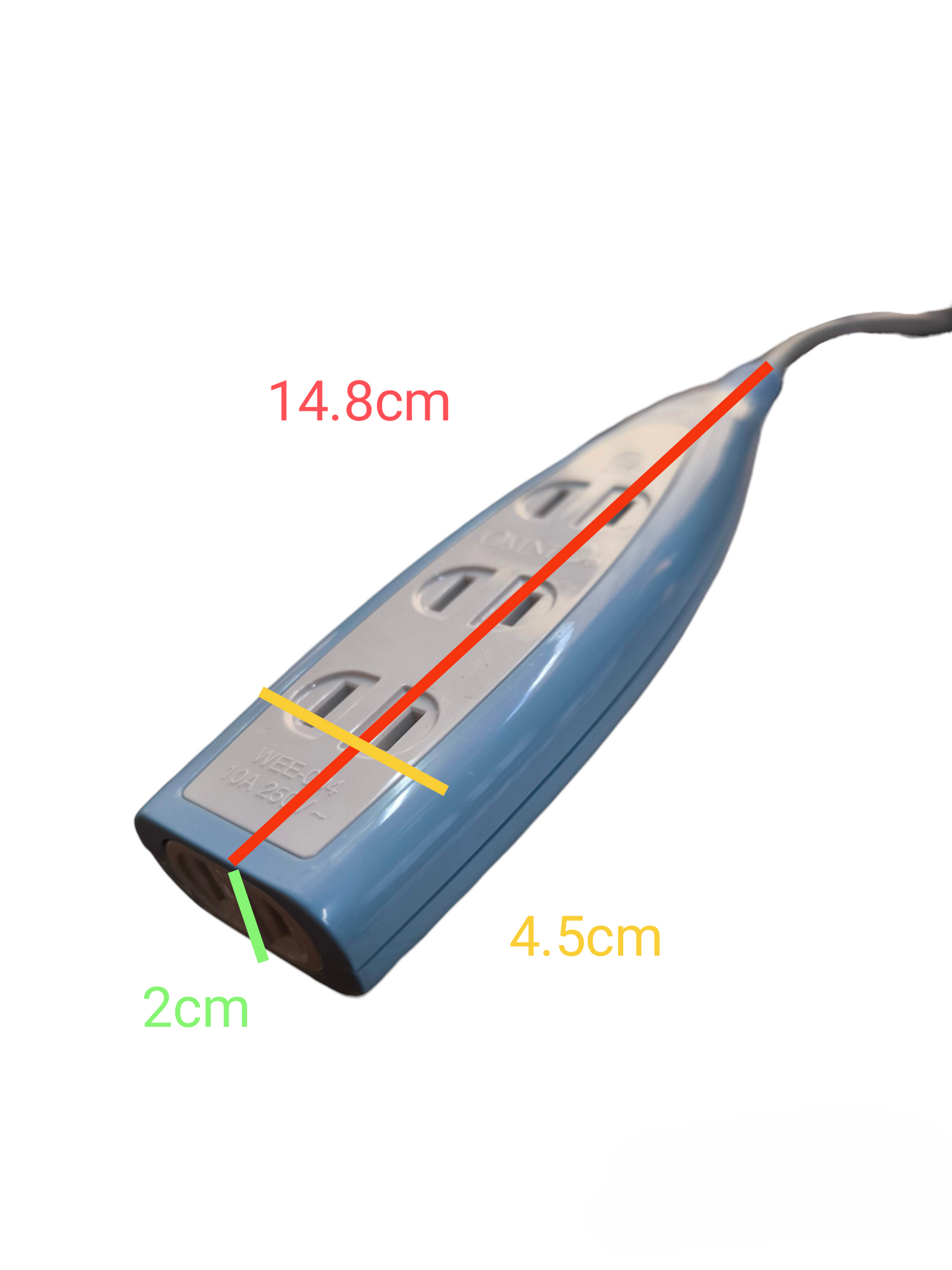 Omni 4 gang extension outlet power strip with compact design and three sockets in blue and white
