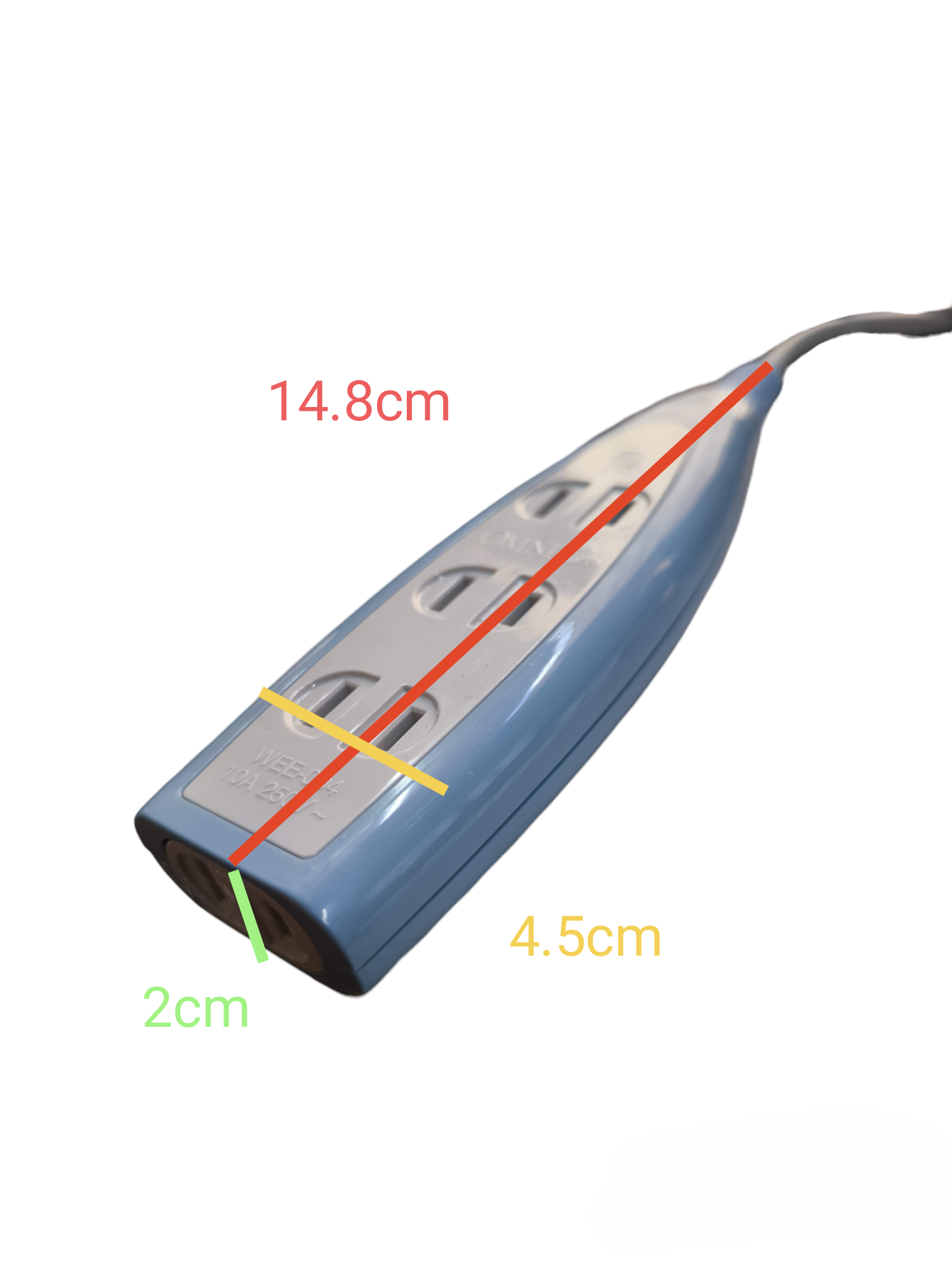 Omni 4 gang extension outlet power strip with compact design and three sockets in blue and white