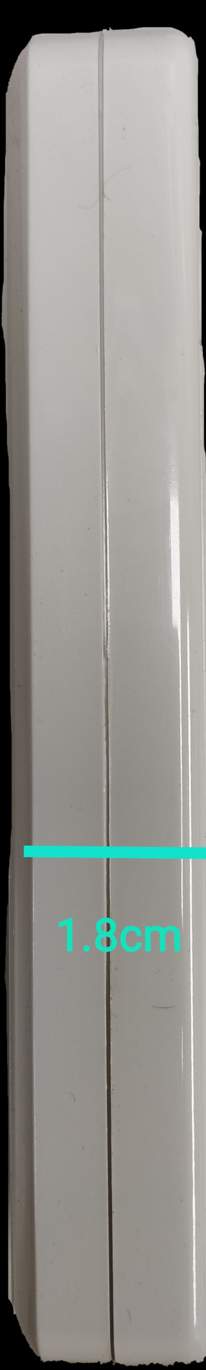 Slim side view of Omni 4 gang extension outlet showing 1.8 cm thickness in white color