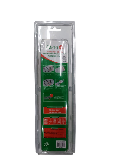 Omni 4 gang power strip with switch packaged in clear plastic with green and white label