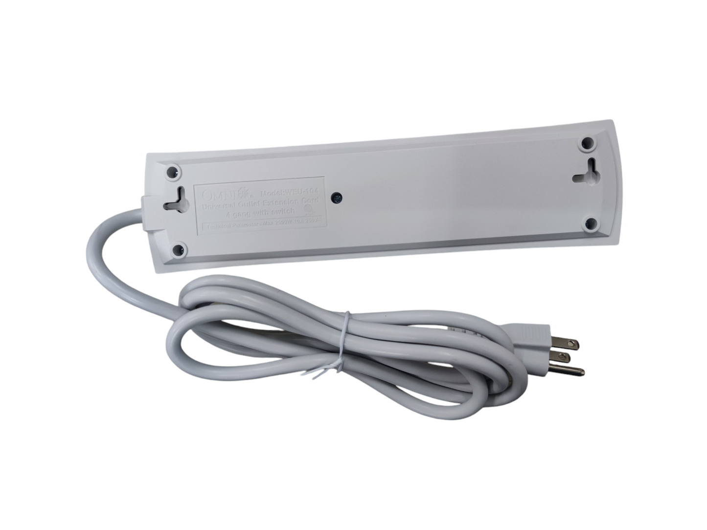 Omni 4 gang power strip with switch showing back view with attached power cord and plug