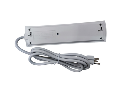 Omni 4 gang power strip with switch showing back view with attached power cord and plug